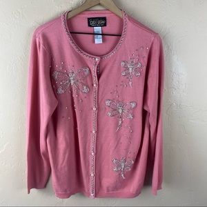 Vintage Bob Mackie Wearable Art Beaded Cardigan Pink Firefly Pearl Button Medium